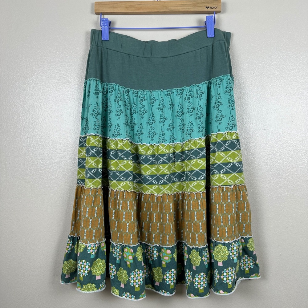 Matilda Jane Women's Size Medium Midi Skirt Green Multi Tiered Boho Fairycore‎